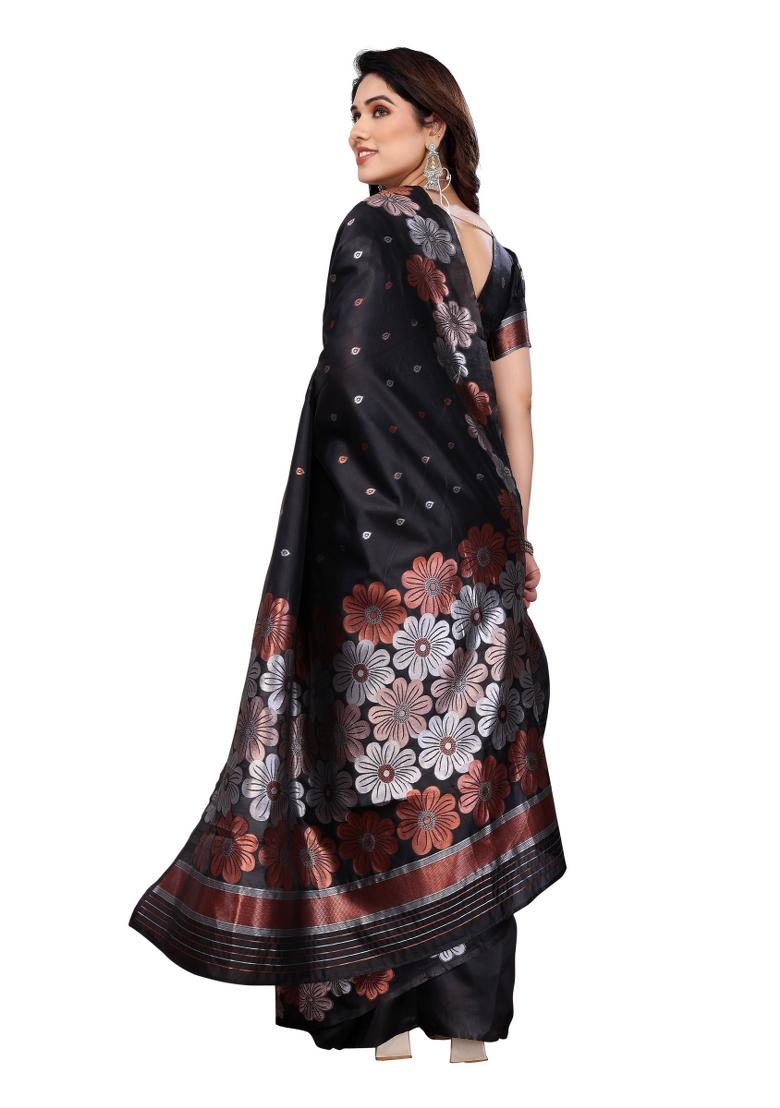 Black Weaving Silk Saree Set - Indya