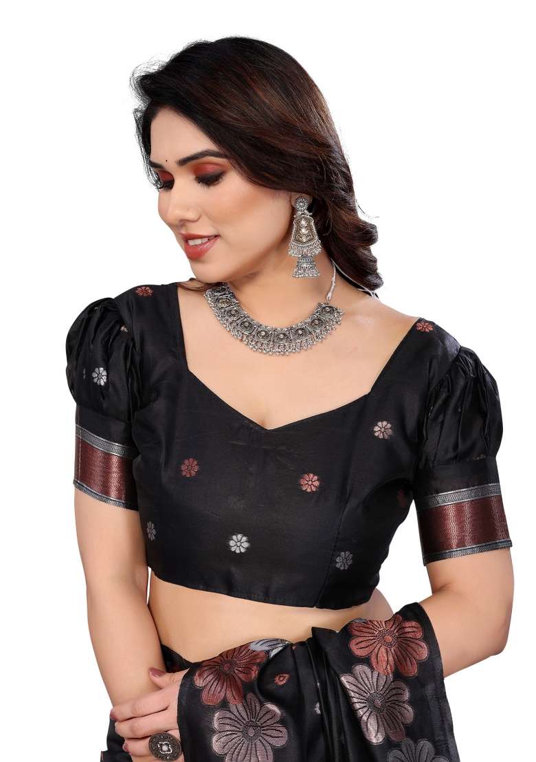 Black Weaving Silk Blend Saree Set for Diwali and Festive Wear - Indya