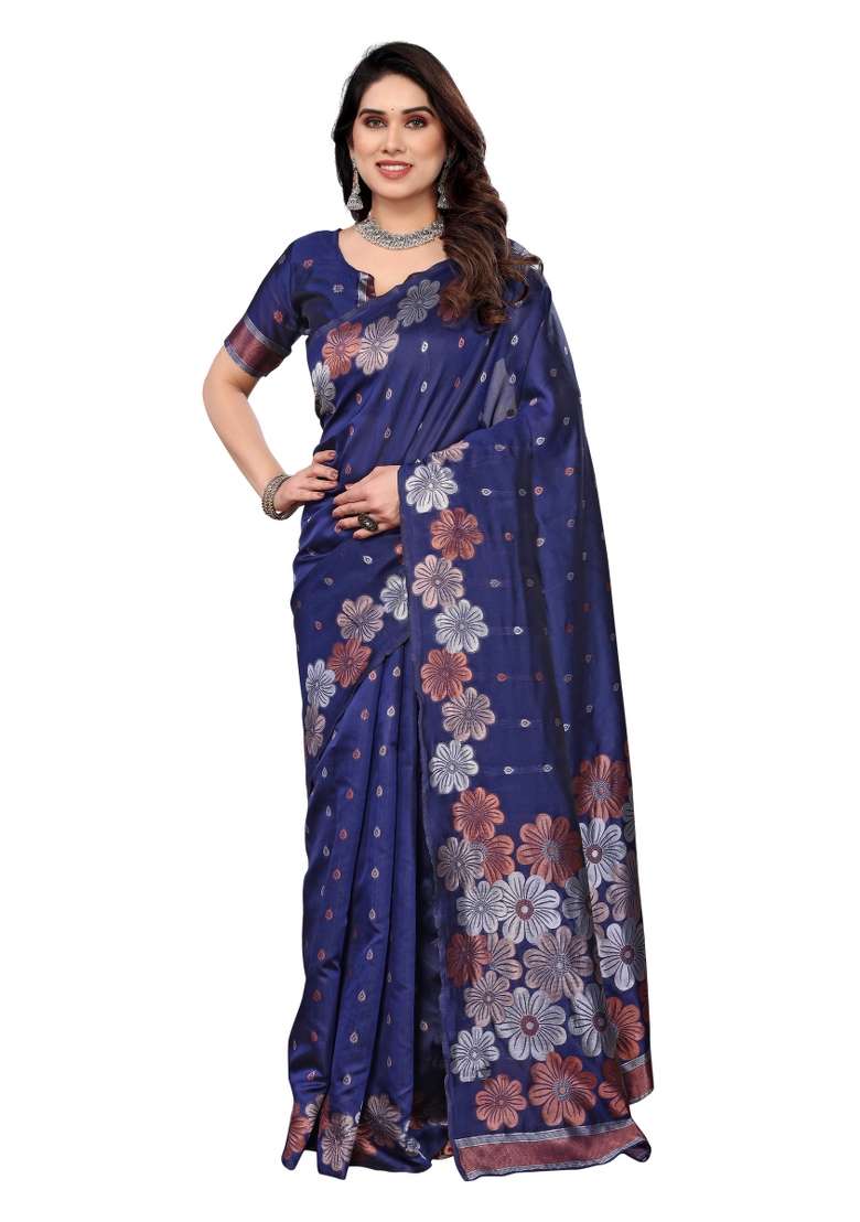 Navy Weaving Silk Blend Saree Set for Diwali and Festive Wear - Indya