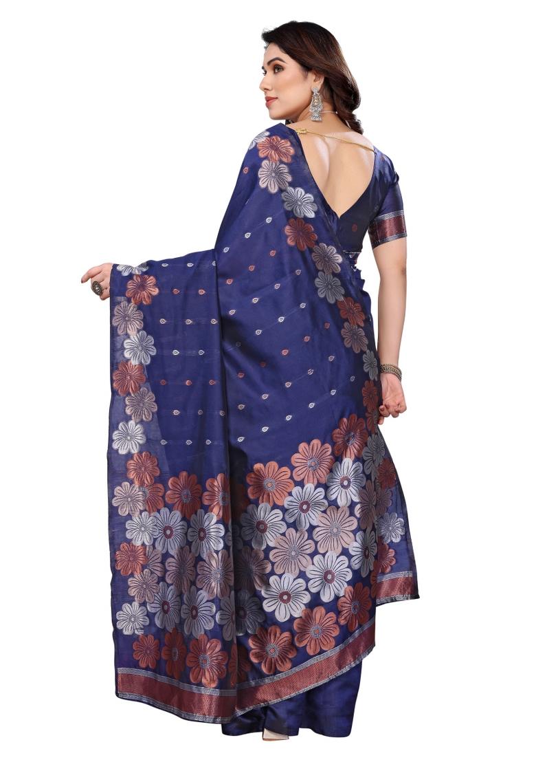 Navy Weaving Silk Saree Set - Indya
