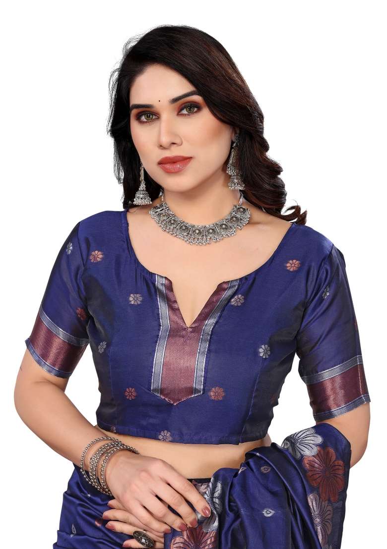 Navy Weaving Silk Blend Saree Set for Diwali and Festive Wear - Indya