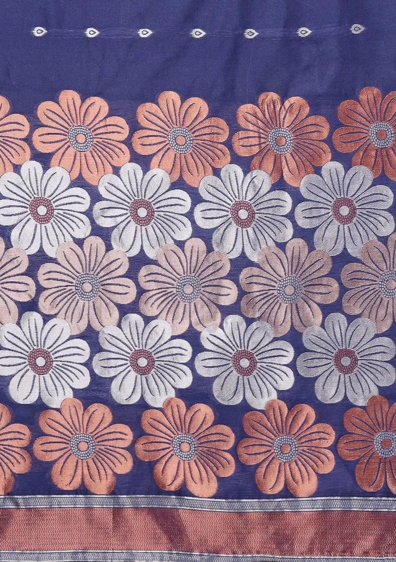 Navy Weaving Silk Saree Set - Indya