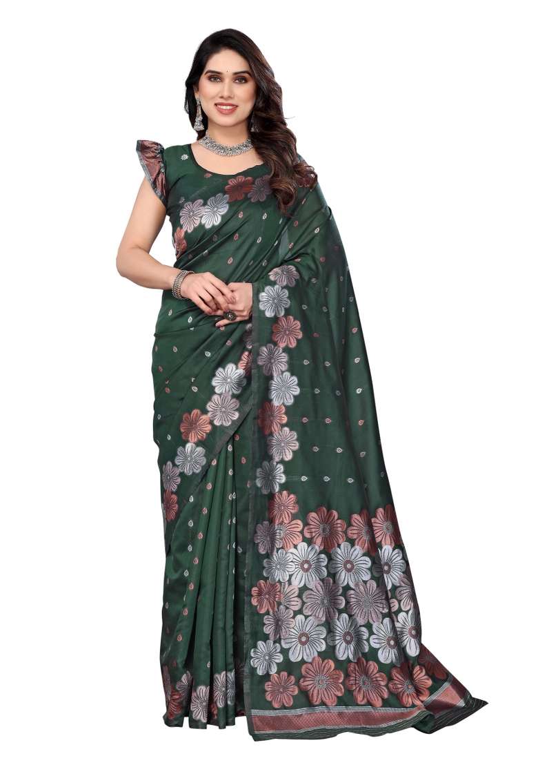 Green Weaving Silk Blend Saree Set for Diwali and Festive Wear - Indya