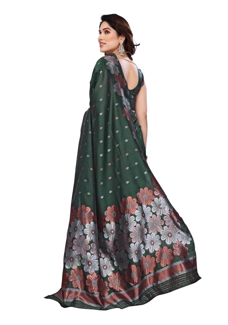 Green Weaving Silk Saree Set - Indya