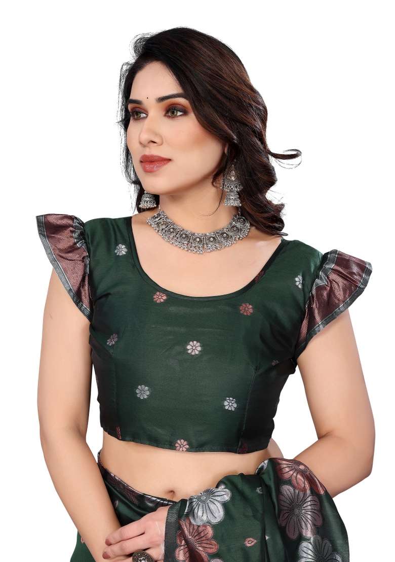 Green Weaving Silk Blend Saree Set for Diwali and Festive Wear - Indya