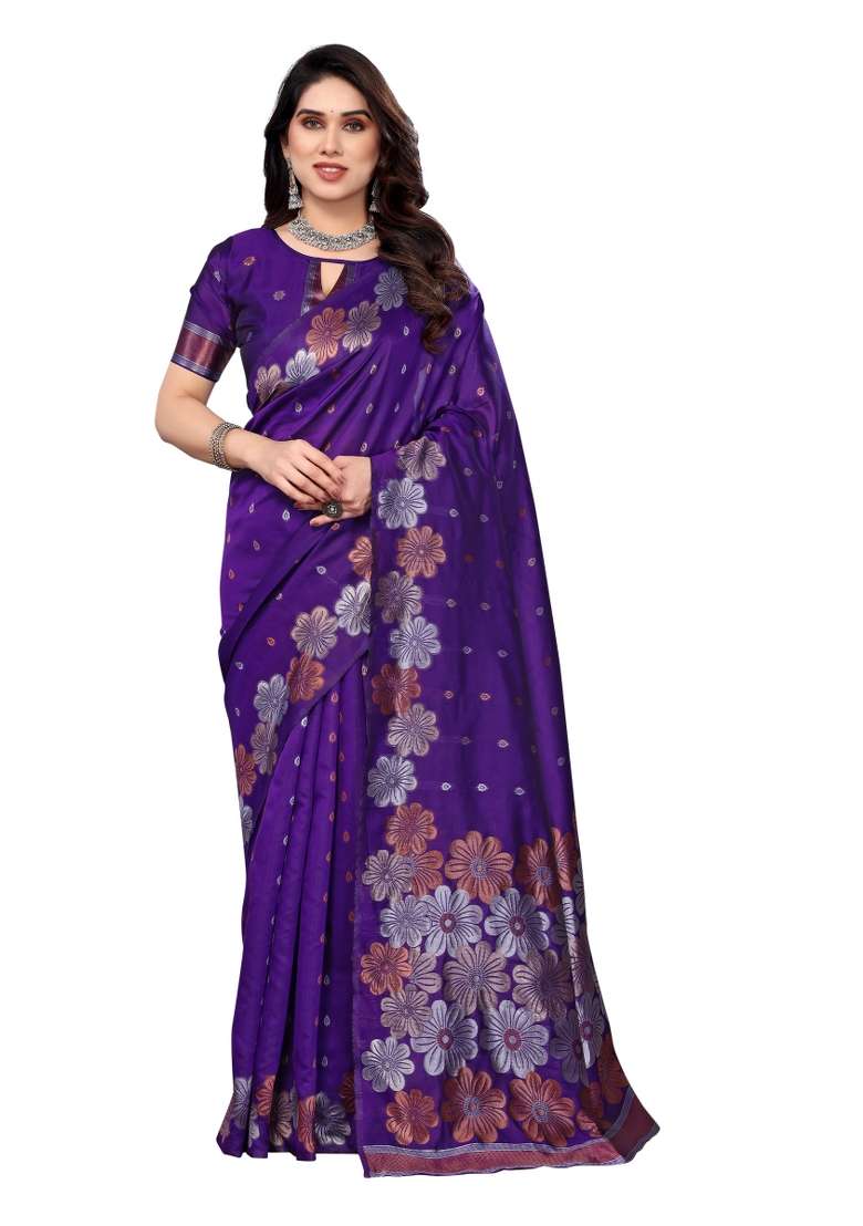 Purple Weaving Silk Blend Saree Set for Diwali and Festive Wear - Indya