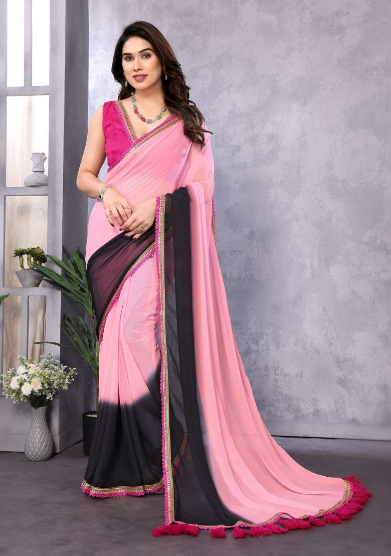 Pink Black Embroidery Georgette Saree Set for Diwali and Festive Wear - Indya