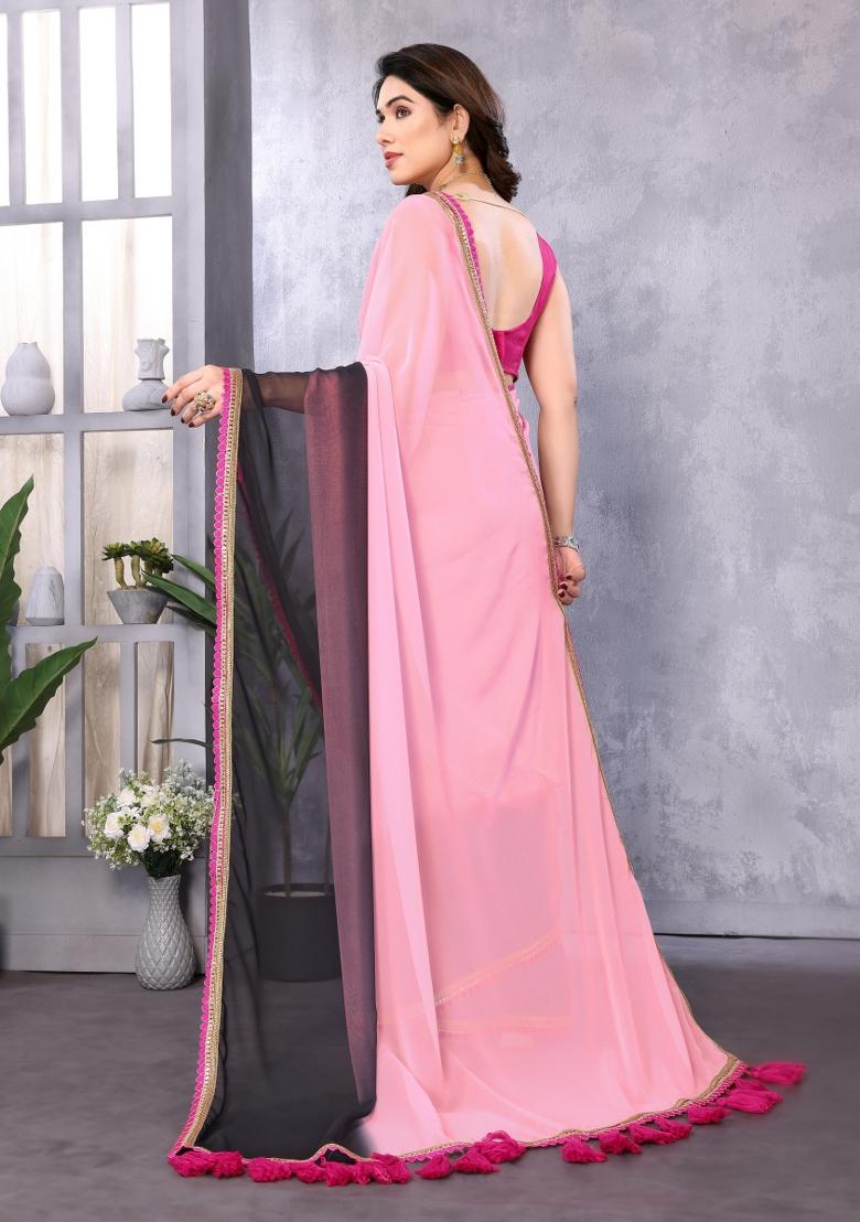 Pink Black Embroidery Georgette Saree Set - Indya