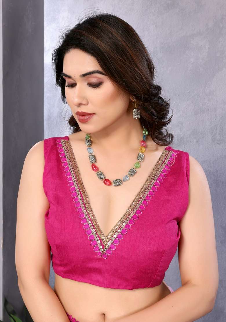 Pink Black Embroidery Georgette Saree Set for Diwali and Festive Wear - Indya