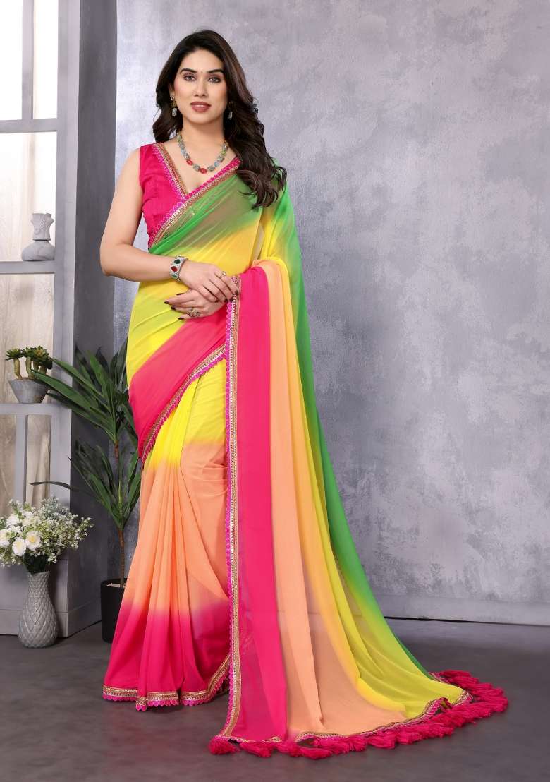 Green Yellow Georgette Saree Set with Embroidery for Diwali | Wedding & Festive Wear - Indya