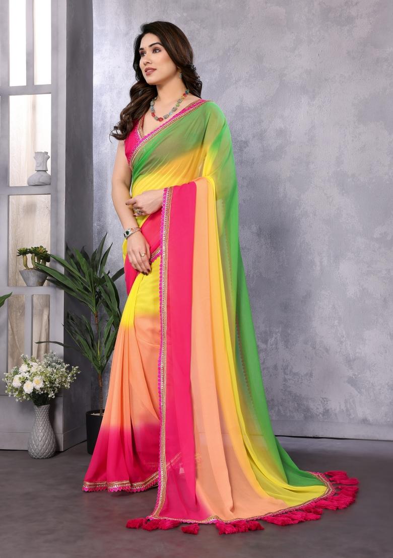 Green Yellow Embroidery Georgette Saree Set - Indya