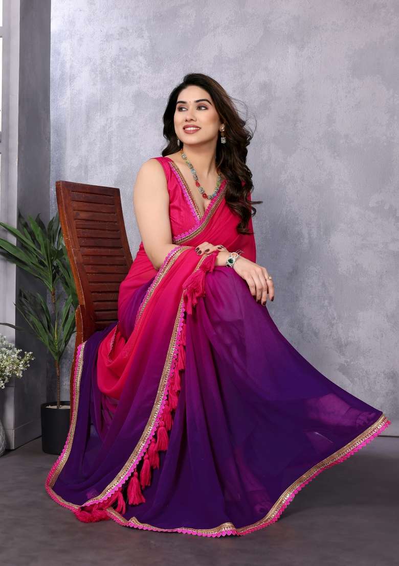 Rani Purple Georgette Saree Set with Embroidery for Diwali | Wedding & Festive Wear - Indya