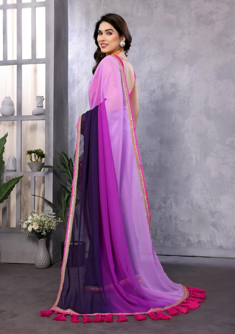 Navy Embroidery Georgette Saree Set - Indya