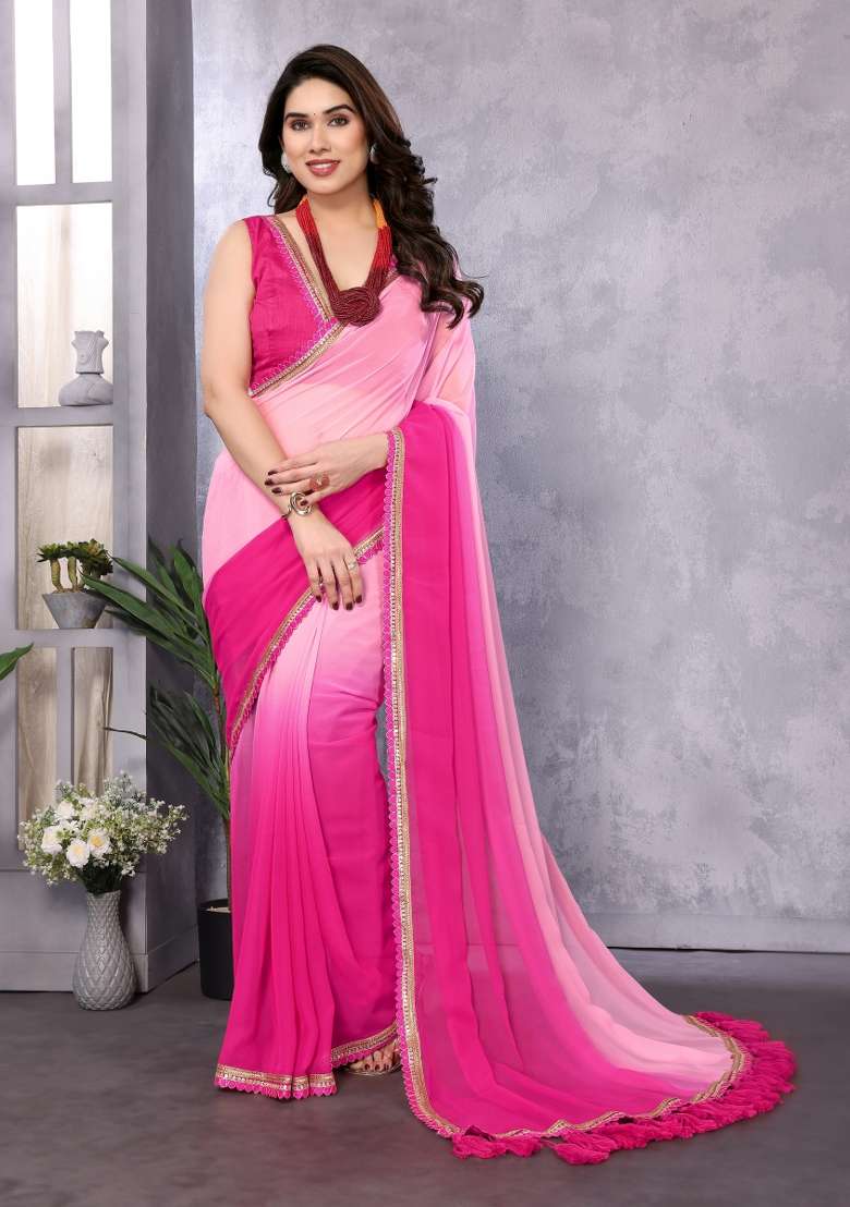 Pink Darkpink Georgette Saree Set with Embroidery for Diwali | Wedding & Festive Wear - Indya