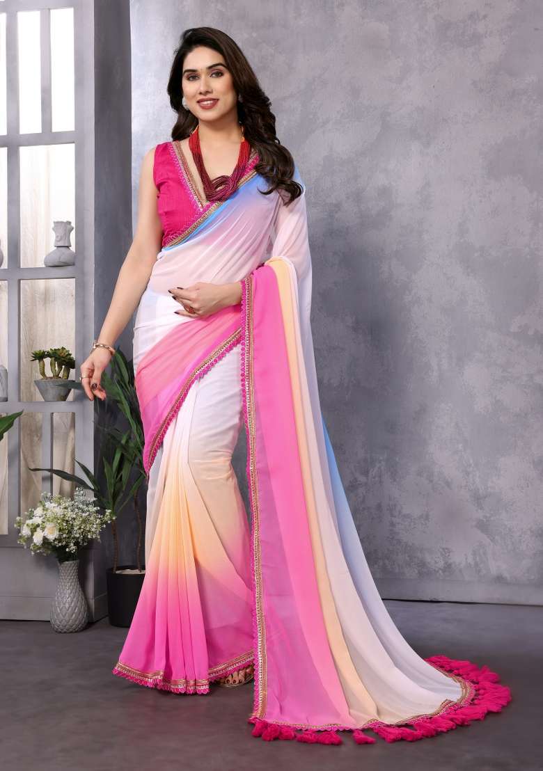 White Pink Embroidery Georgette Saree Set for Diwali and Festive Wear - Indya