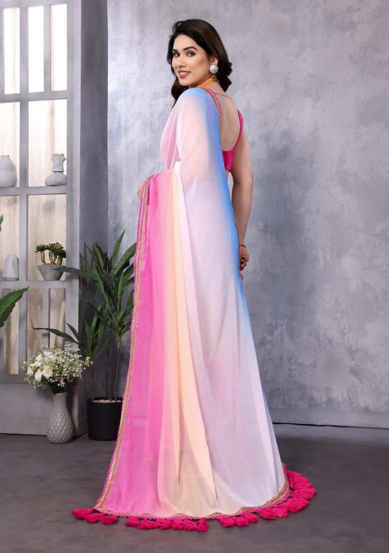 White Pink Embroidery Georgette Saree Set - Indya