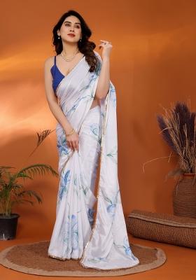 White Blue Printed Silk Saree Set