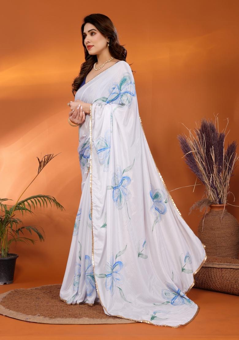White Blue Printed Silk Saree Set - Indya