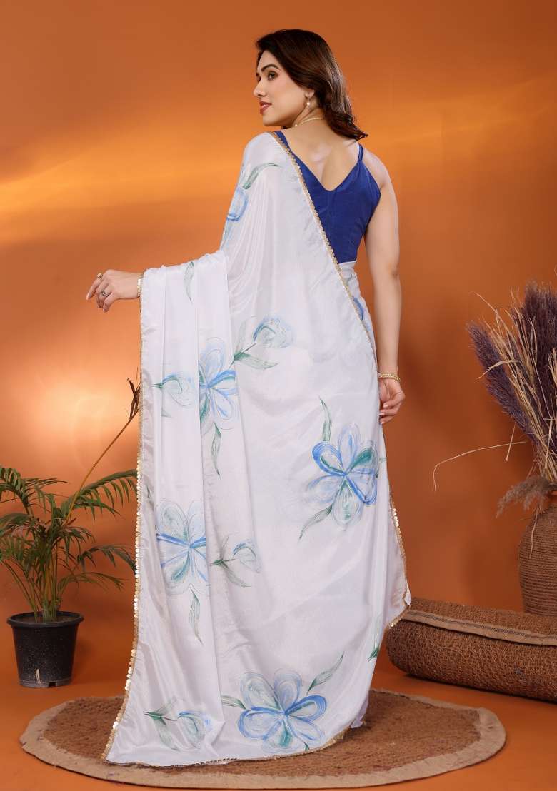 White Blue Printed Chinon Blend Saree Set for Diwali and Festive Wear - Indya