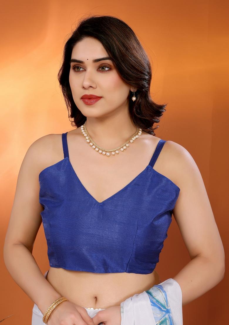 White Blue Printed Silk Saree Set - Indya