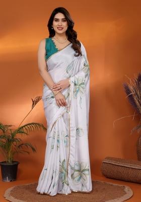 White Rama Printed Silk Saree Set