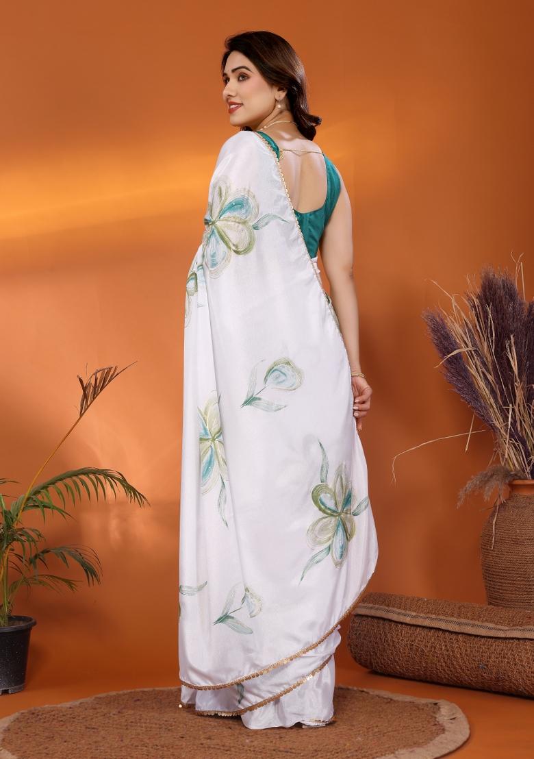 White Rama Printed Silk Saree Set - Indya