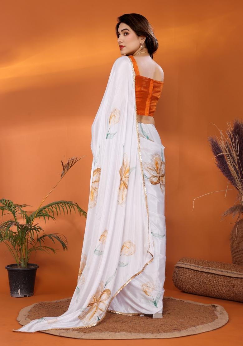 White Golden Printed Silk Saree Set - Indya