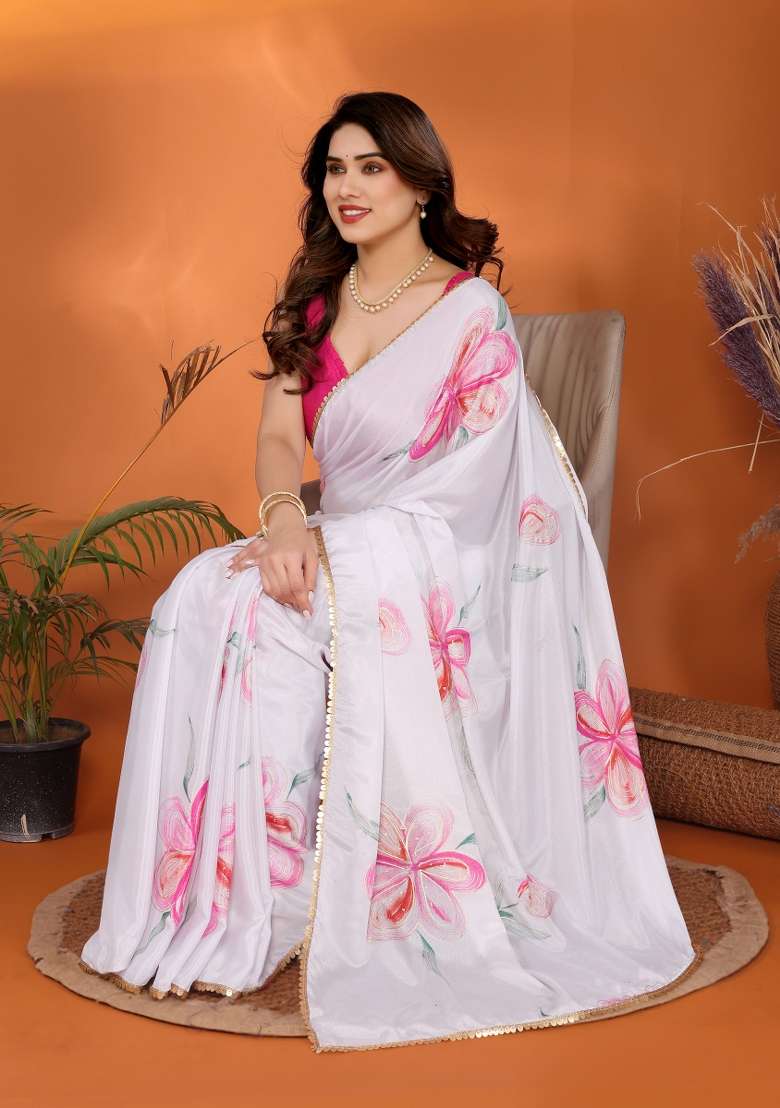 White Pink Printed Chinon Blend Saree Set for Diwali and Festive Wear - Indya