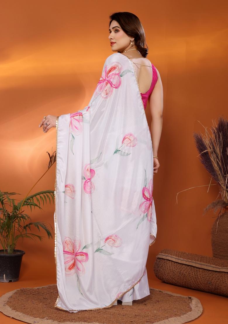 White Pink Printed Silk Saree Set - Indya