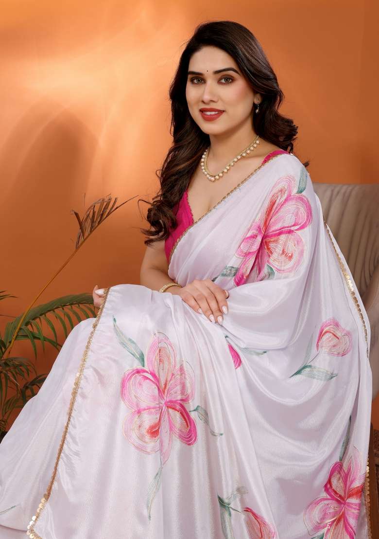 White Pink Printed Chinon Blend Saree Set for Diwali and Festive Wear - Indya