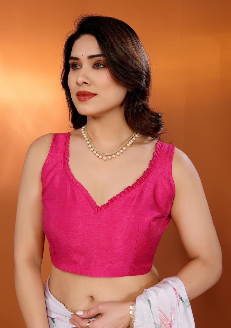 White Pink Printed Silk Saree Set - Indya