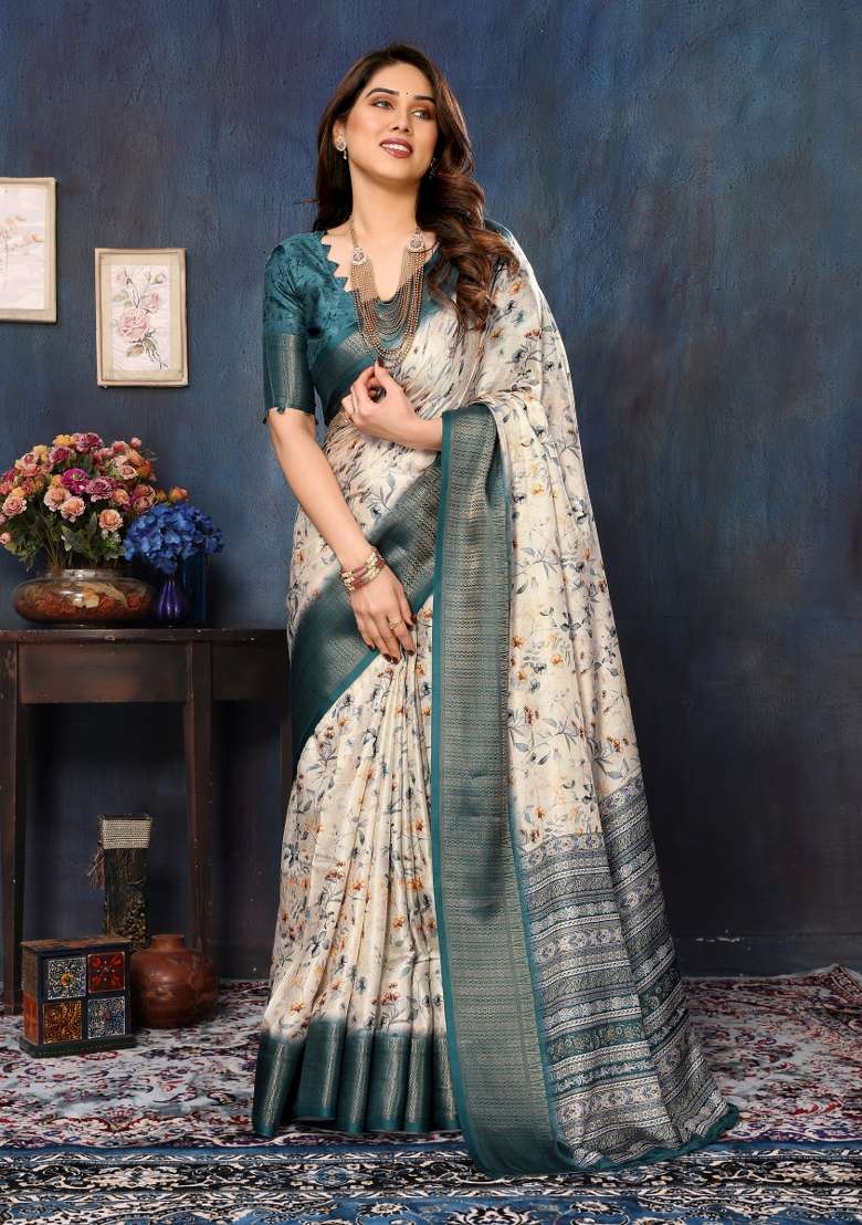 Cream Motif Silk Blend Saree Set for Diwali and Festive Wear - Indya