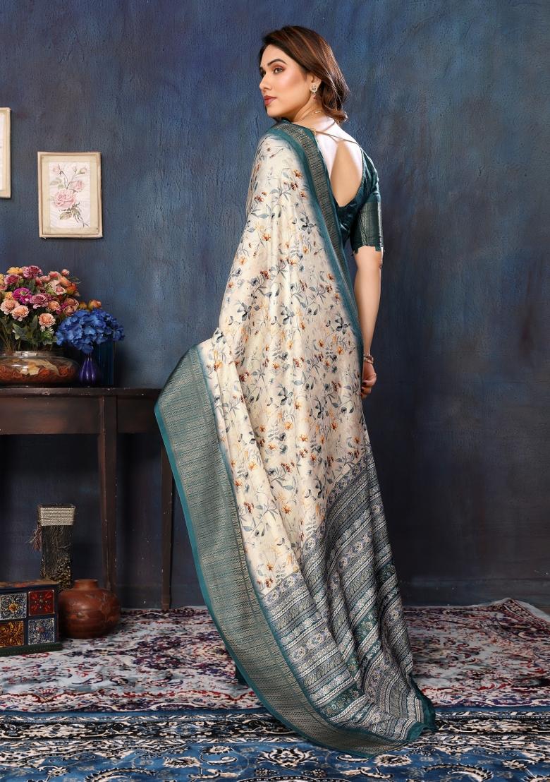 Cream Motif Silk Saree Set - Indya