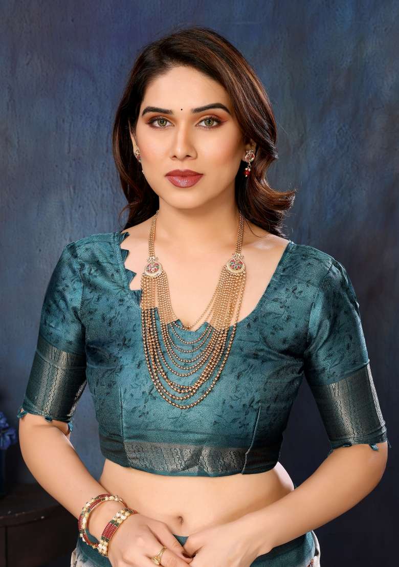 Cream Motif Silk Blend Saree Set for Diwali and Festive Wear - Indya