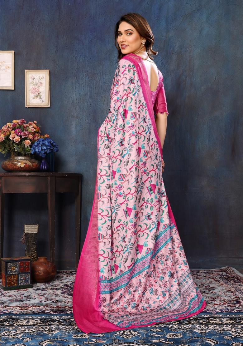 Pink Motif Silk Saree Set - Indya