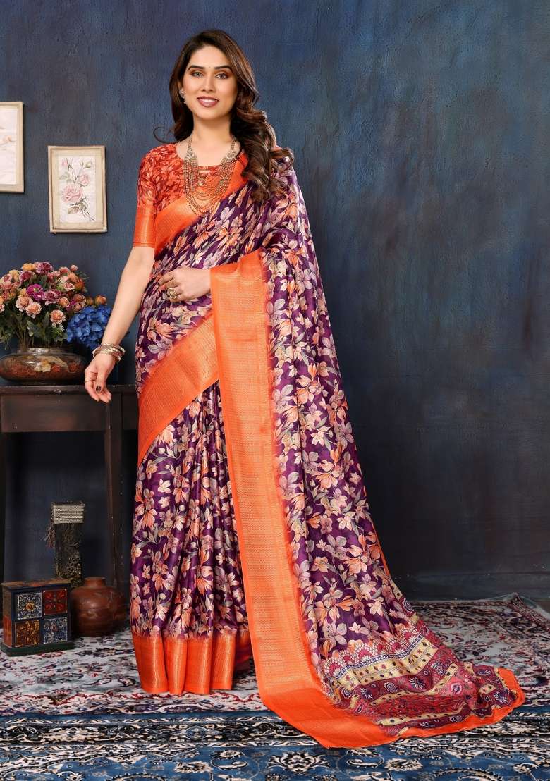 Wine Motif Silk Blend Saree Set for Diwali | Wedding & Festive Wear - Indya