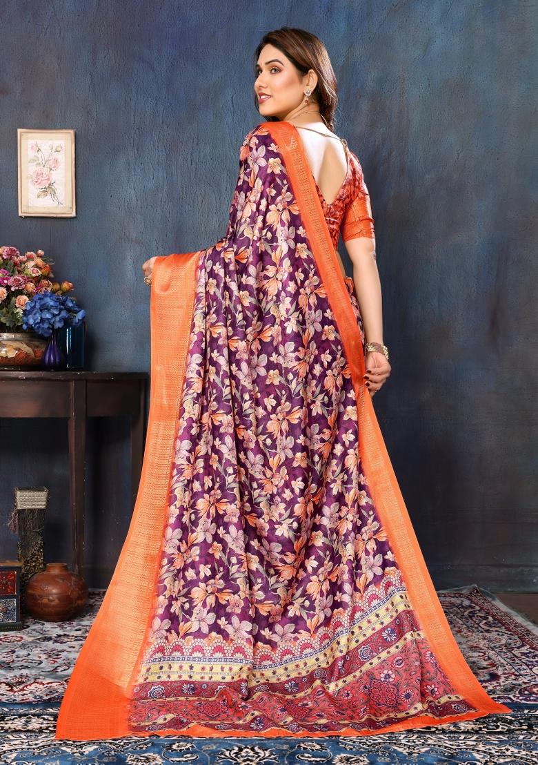 Wine Motif Silk Saree Set - Indya