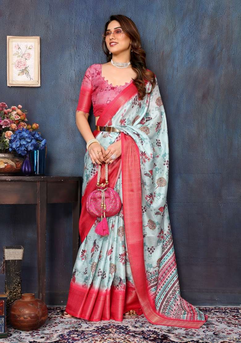Sky Motif Silk Blend Saree Set for Diwali | Wedding & Festive Wear - Indya