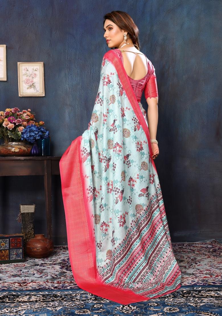 Sky Motif Silk Saree Set - Indya