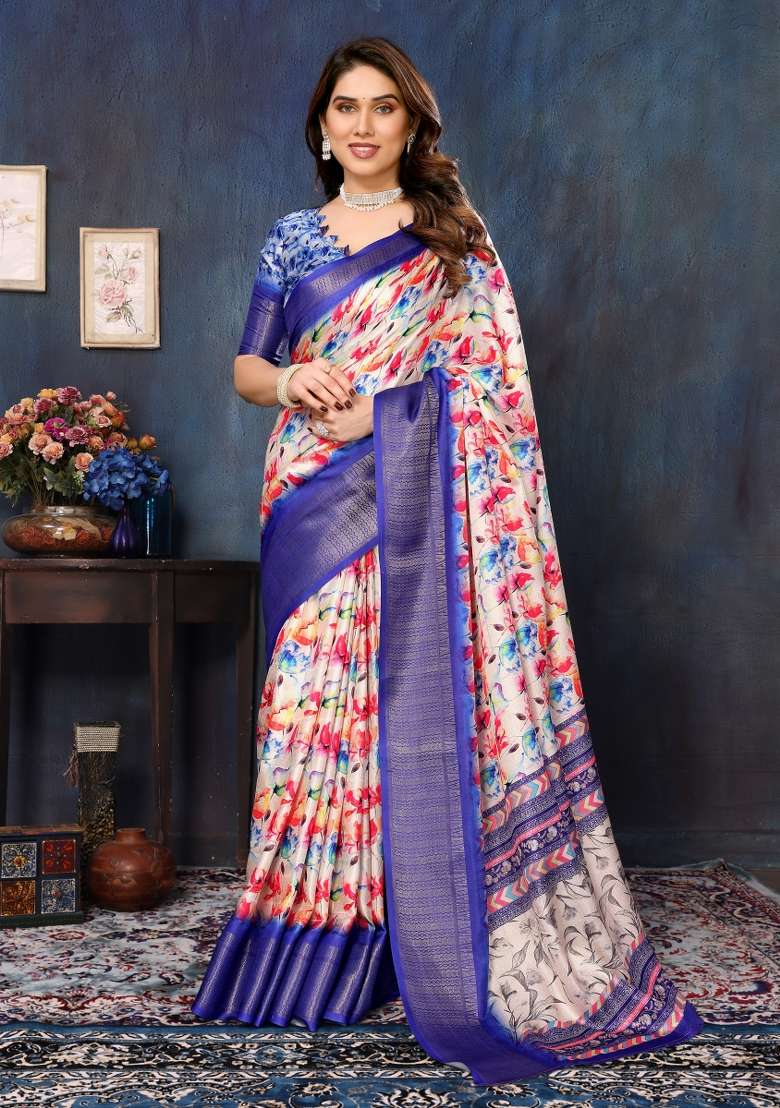 Blue Motif Silk Blend Saree Set for Diwali | Wedding & Festive Wear - Indya