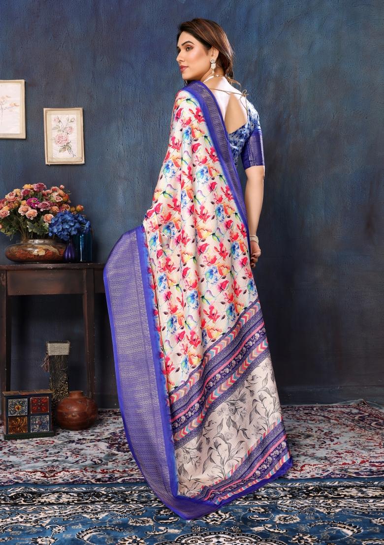 Blue Motif Silk Saree Set - Indya
