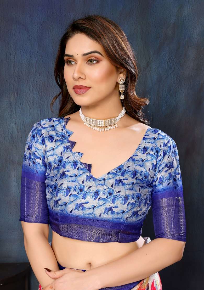 Blue Motif Silk Blend Saree Set for Diwali | Wedding & Festive Wear - Indya