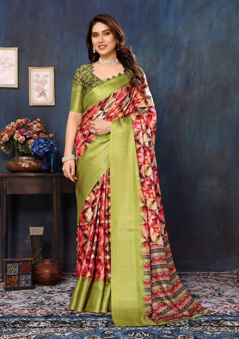 Green Motif Silk Blend Saree Set for Diwali and Festive Wear - Indya