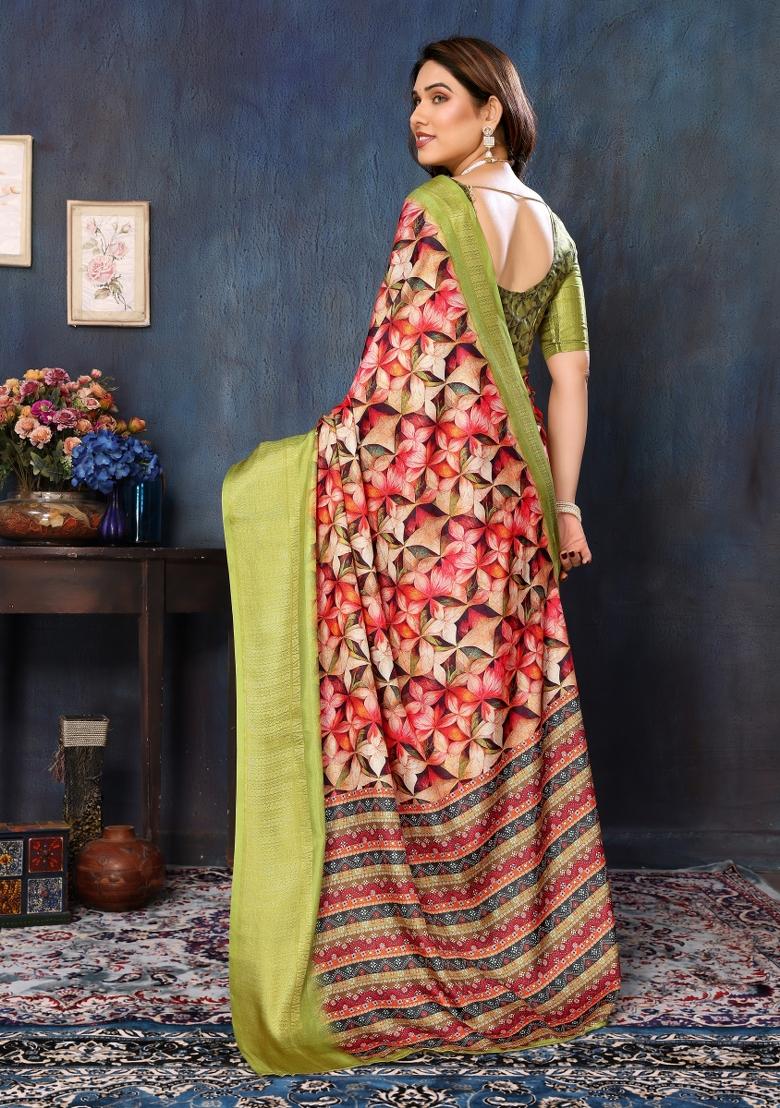 Green Motif Silk Saree Set - Indya