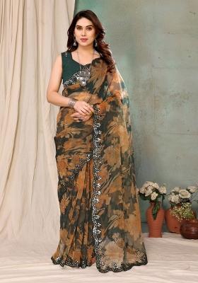 Green Printed Silk Saree Set