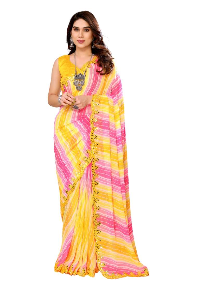 Lemon Georgette Blend Saree Set with Printed for Diwali | Wedding & Festive Wear - Indya