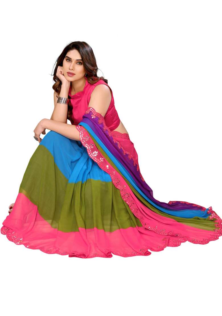 Multi Georgette Blend Saree Set with Printed for Diwali | Wedding & Festive Wear - Indya