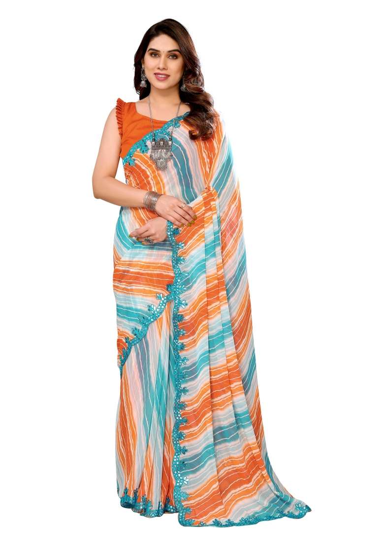 Tiger Printed Georgette Blend Saree Set for Diwali and Festive Wear - Indya