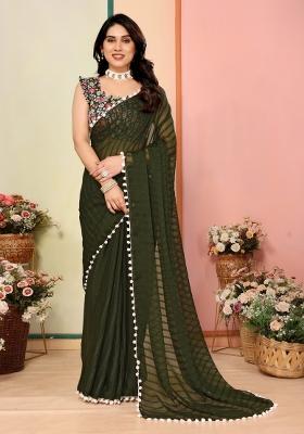 Green Solid Silk Saree Set
