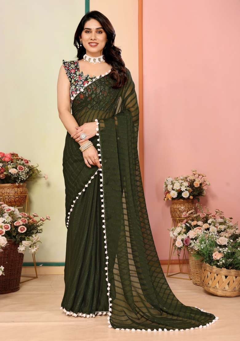 Green Solid Georgette Blend Saree Set for Diwali and Festive Wear - Indya